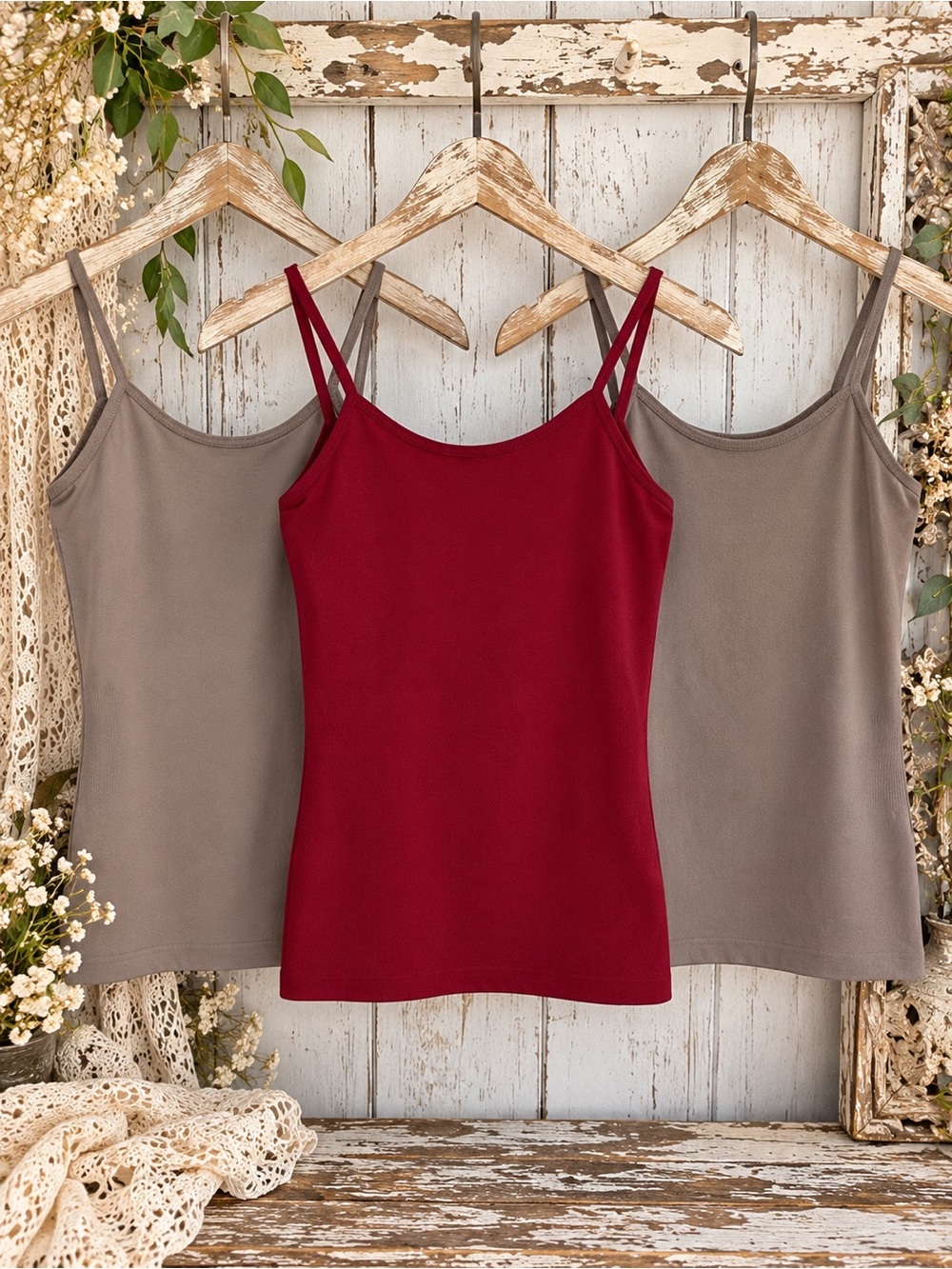 ❤️ BUNDLE 3C-Mode Spaghetti Strap Cami Tank Top 3 One Size Red & 2 Taupe